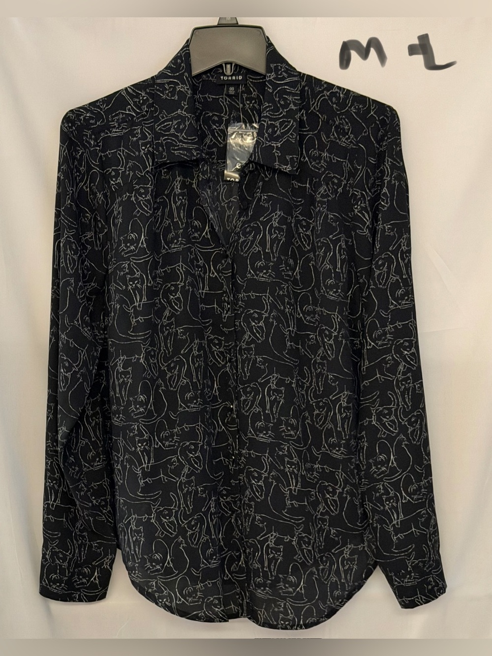 torrid Black Button-Down Shirt with White Cat Outline Print